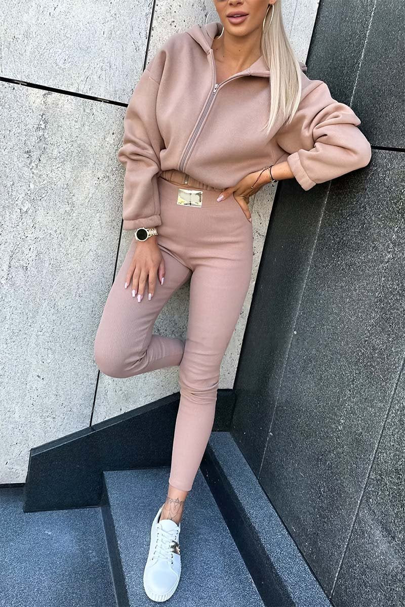 Women's Casual Sports Hooded Zip Top and Leggings Set