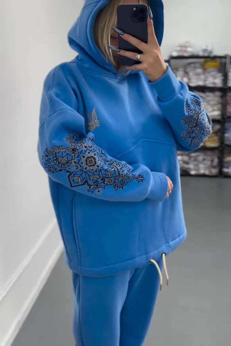 Women's Casual Sleeve Printed Hooded Sweatshirt Set