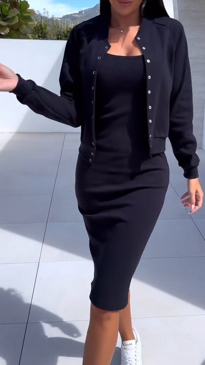 Women's Tight Dress + Cardigan Jacket Casual Suit
