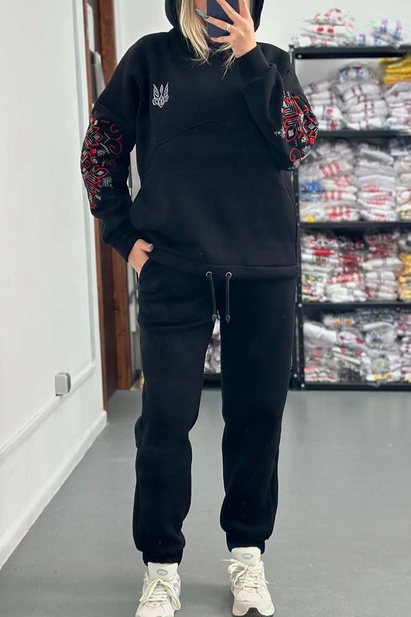 Women's Casual Sleeve Printed Hooded Sweatshirt Set