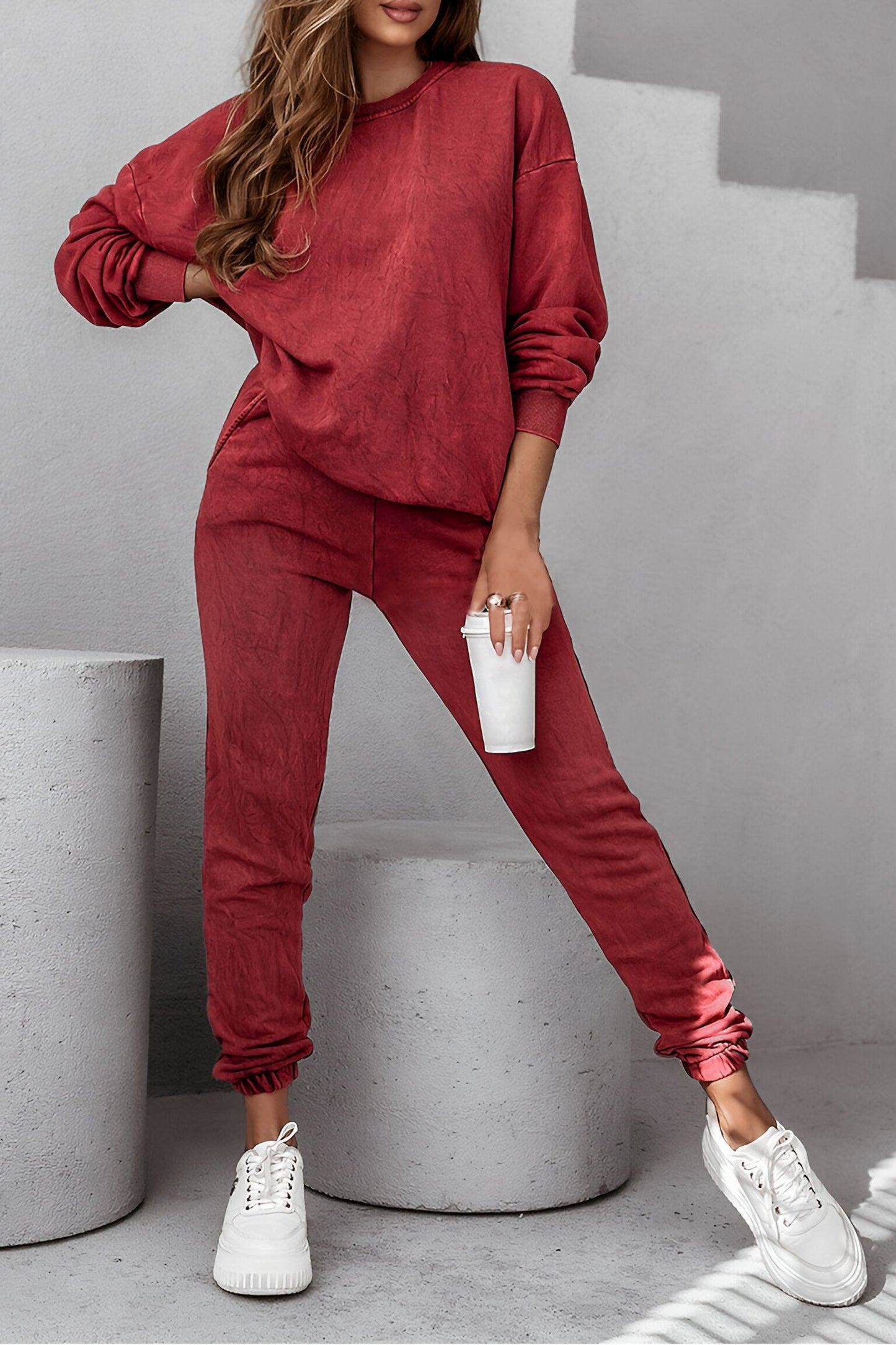 Women's Round Neck Long Sleeve Simple Sweatshirt Two Piece Suit