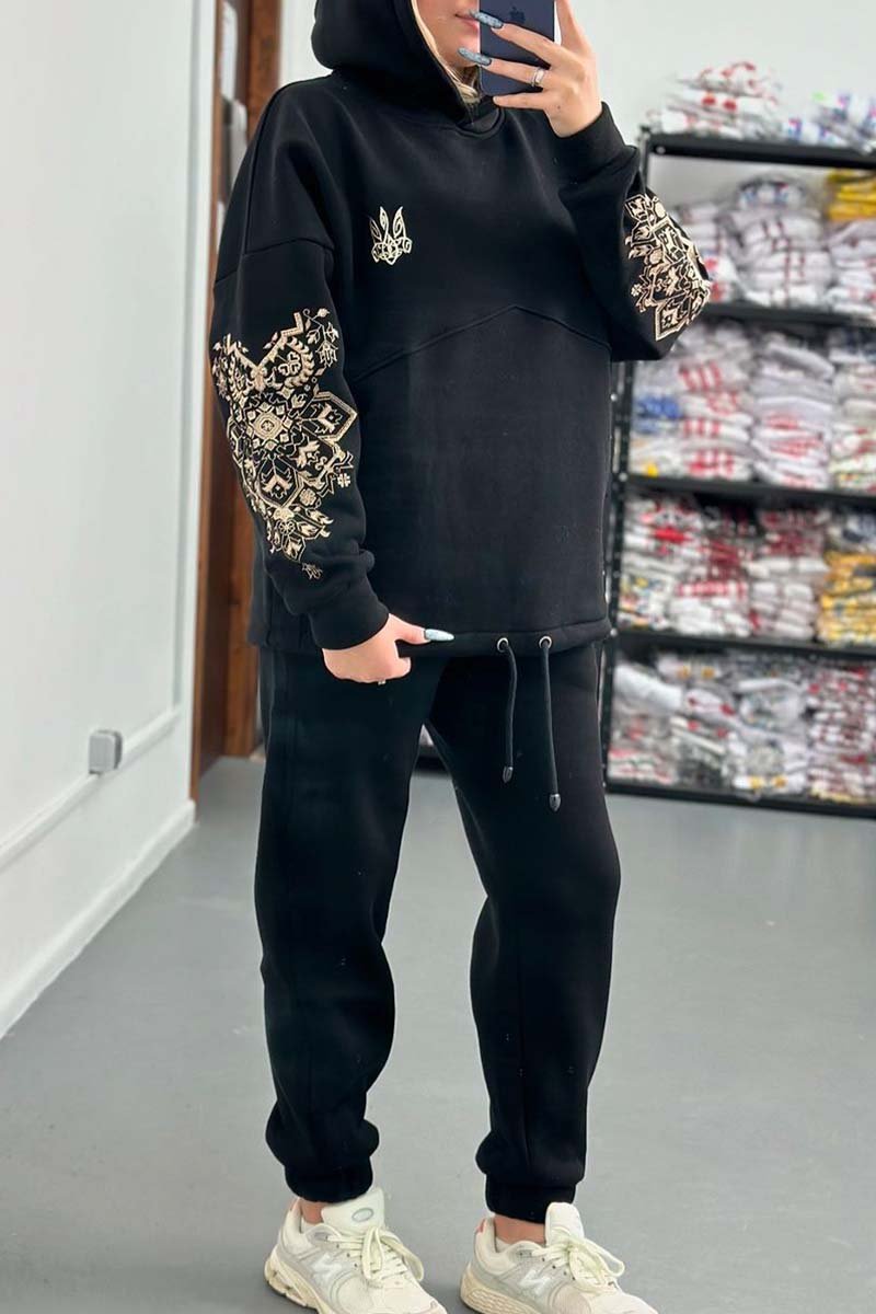 Women's Casual Sleeve Printed Hooded Sweatshirt Set