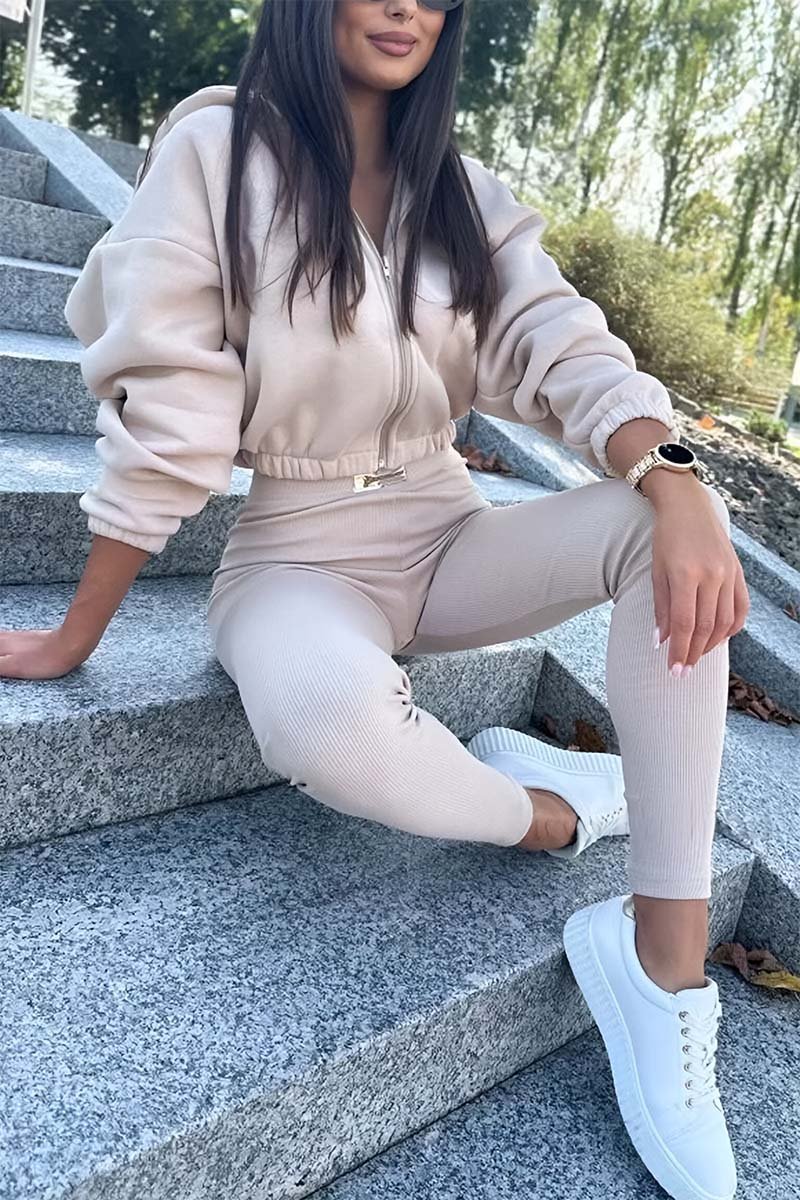 Women's Casual Sports Hooded Zip Top and Leggings Set