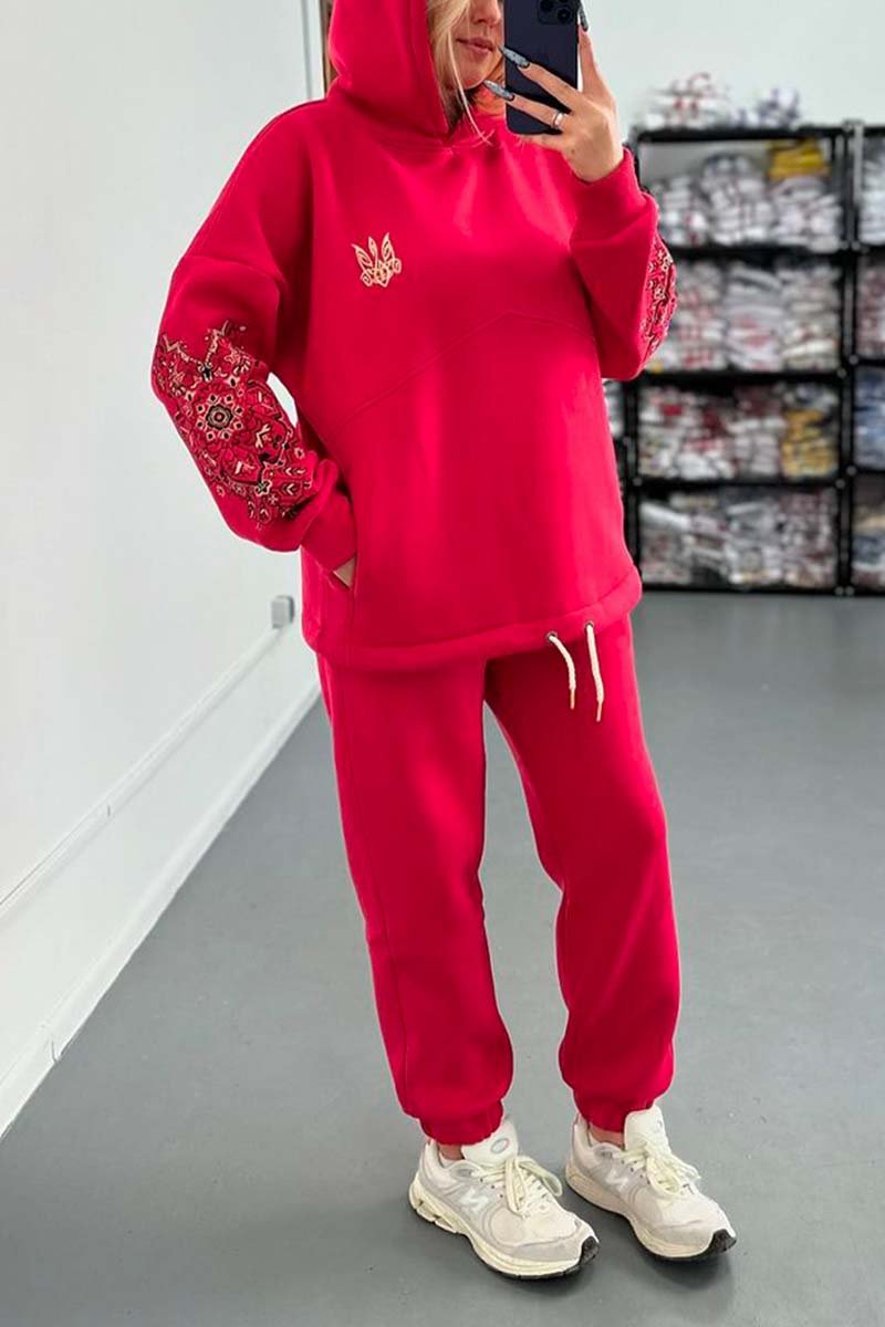 Women's Casual Sleeve Printed Hooded Sweatshirt Set