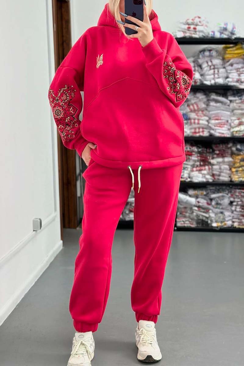 Women's Casual Sleeve Printed Hooded Sweatshirt Set