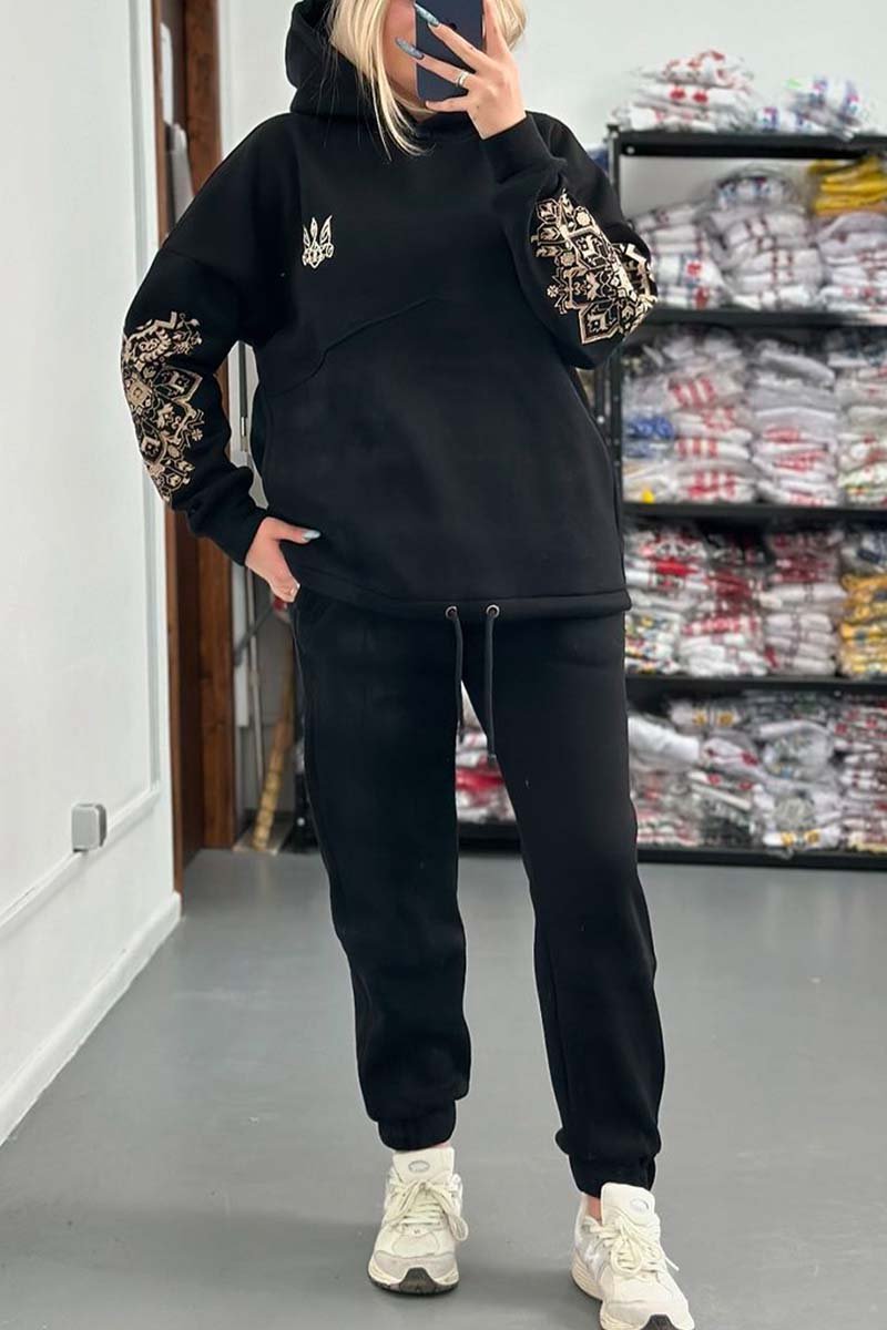 Women's Casual Sleeve Printed Hooded Sweatshirt Set