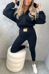 Women's Casual Sports Hooded Zip Top and Leggings Set