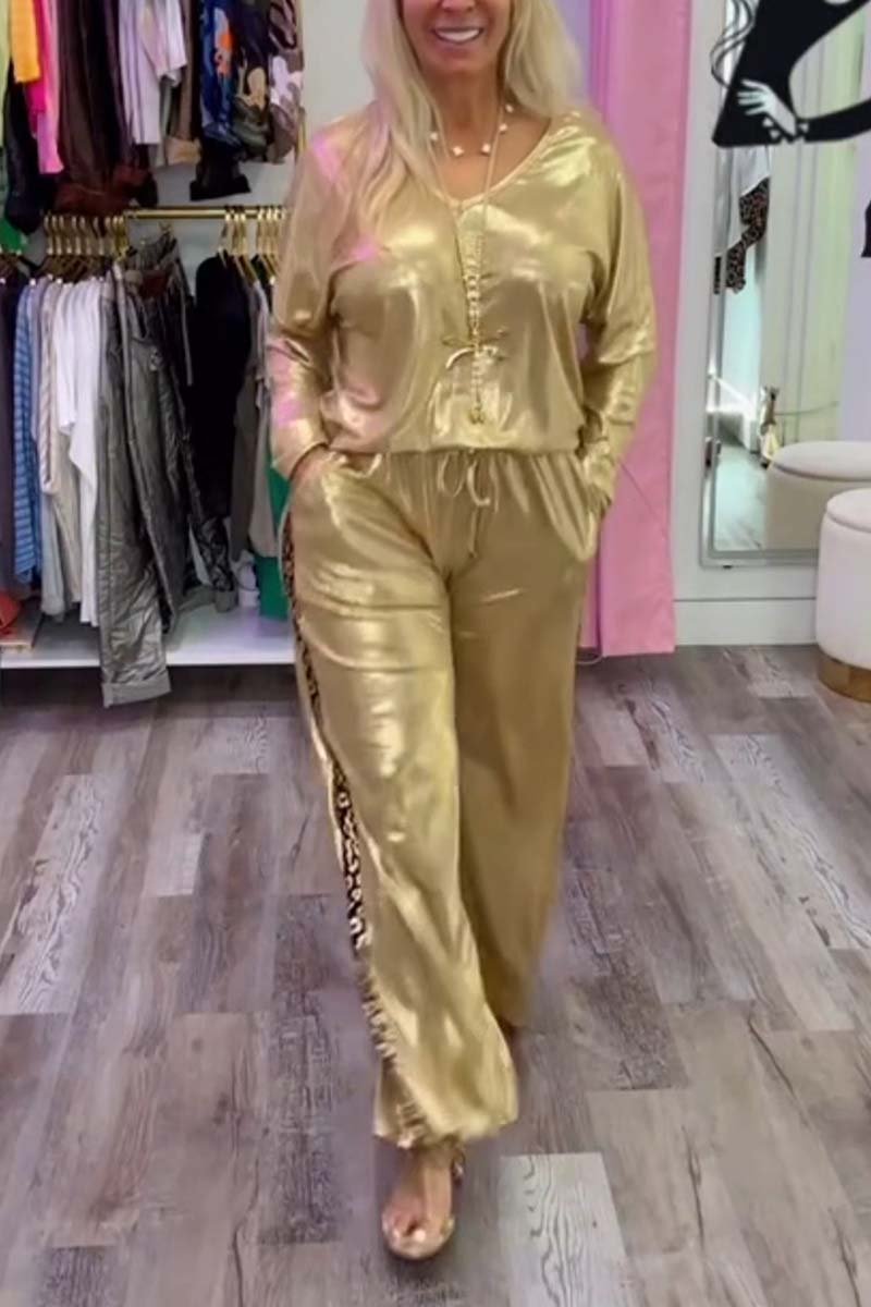 Women's fashionable glossy patchwork leopard print two-piece set