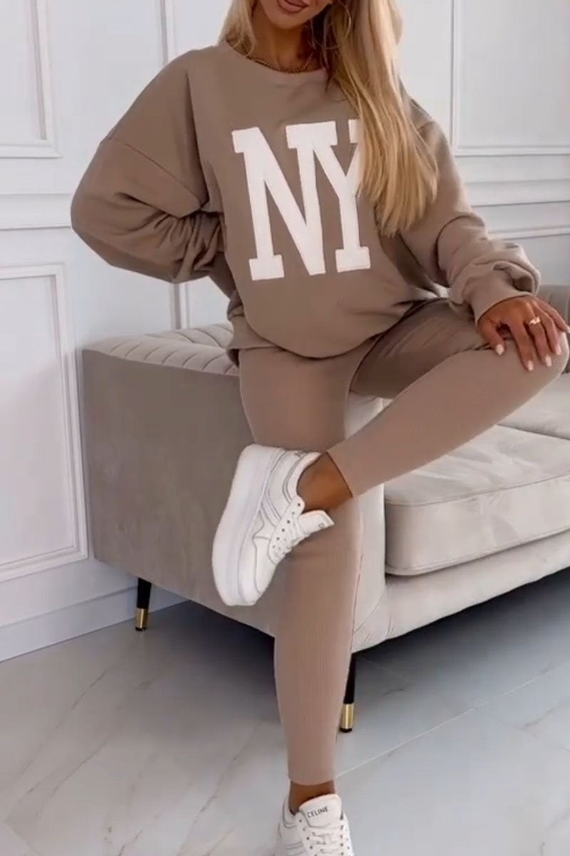 Women's Casual NY Letter Long Sleeve Two Piece Set