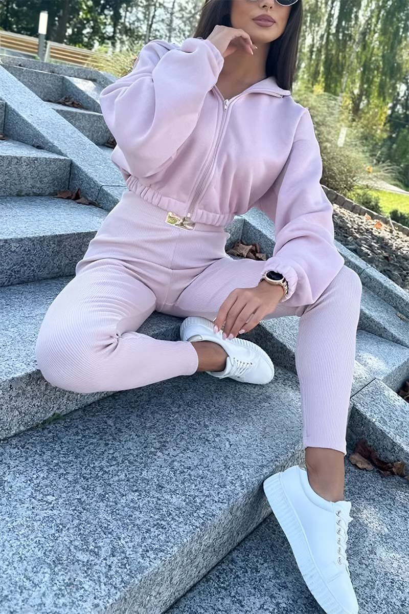 Women's Casual Sports Hooded Zip Top and Leggings Set