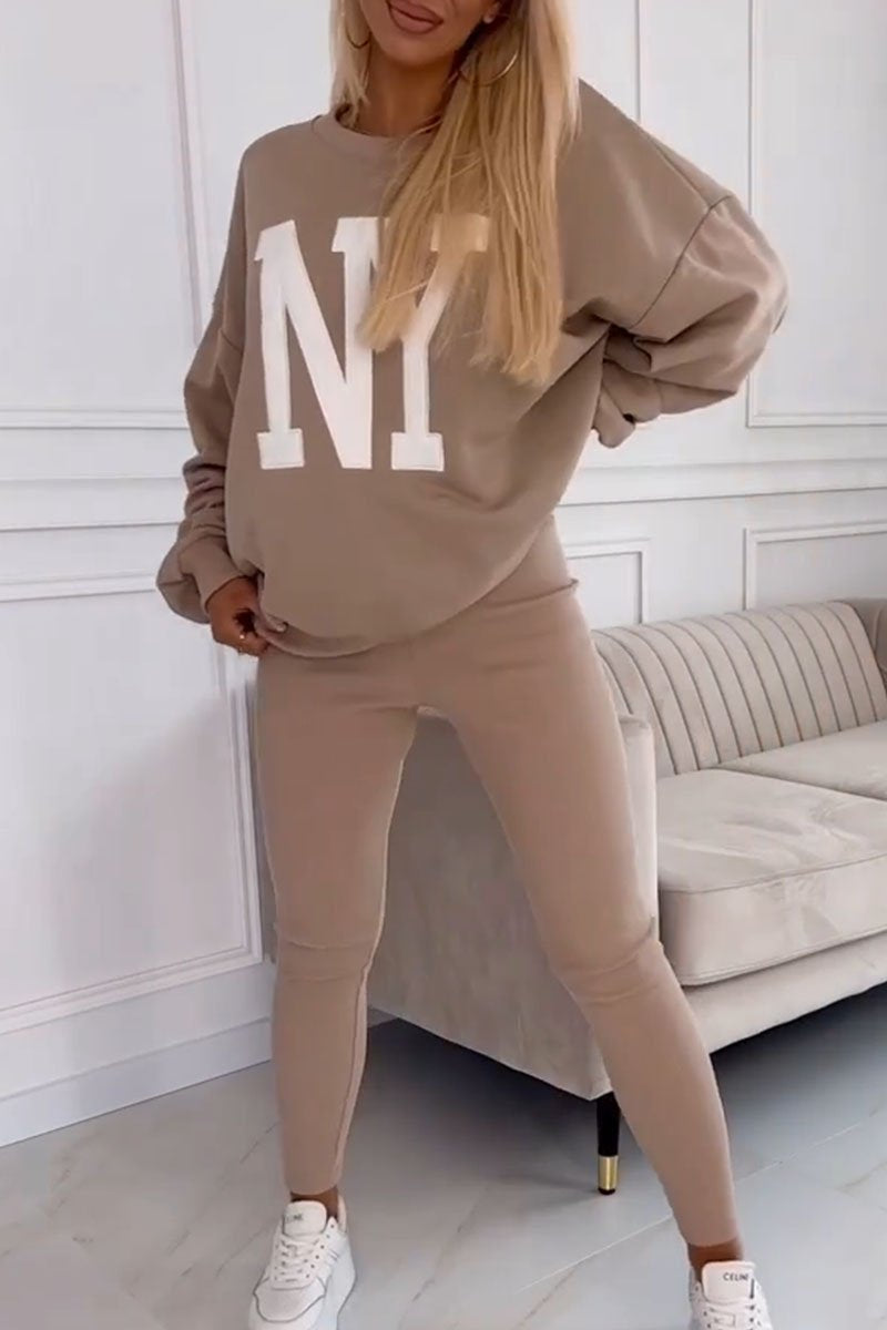 Women's Casual NY Letter Long Sleeve Two Piece Set