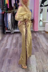 Women's fashionable glossy patchwork leopard print two-piece set