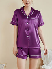 Threaded Solid Color Short Sleeve Shorts Casual Lapel Loungewear Set Indigo