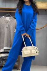Women's casual solid color crewneck long slit set