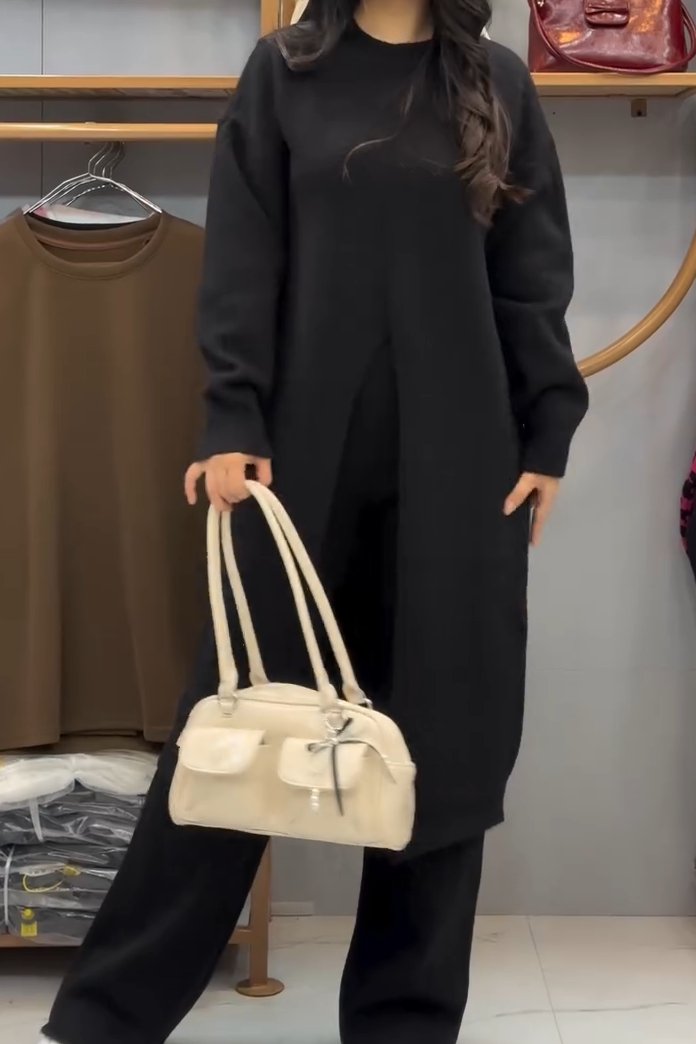 Women's casual solid color crewneck long slit set