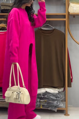 Women's casual solid color crewneck long slit set
