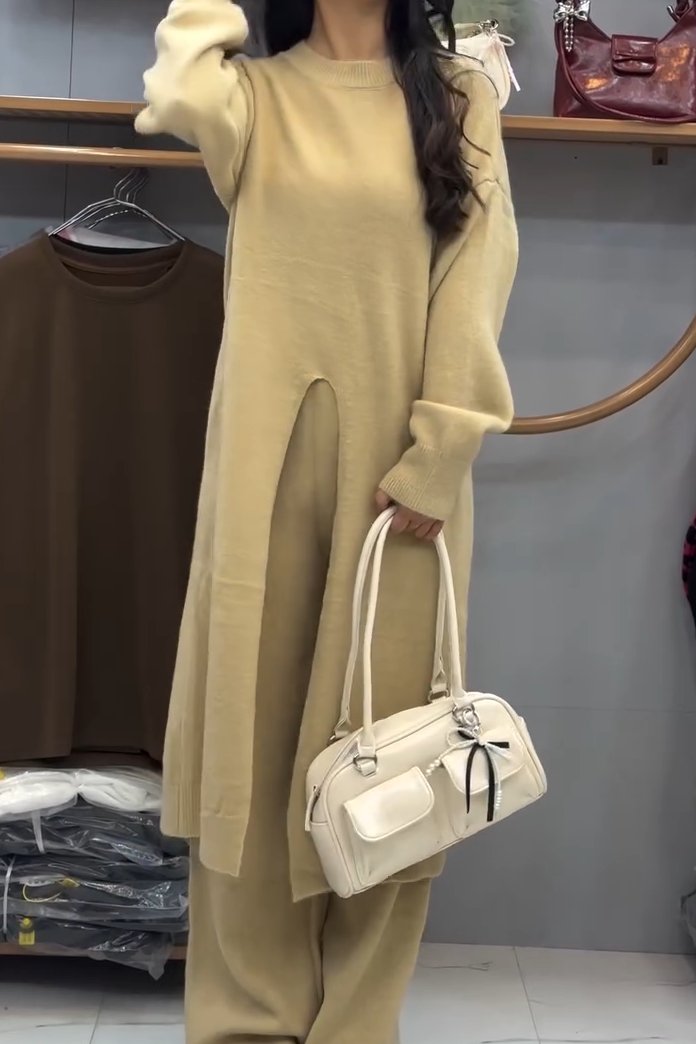 Women's casual solid color crewneck long slit set
