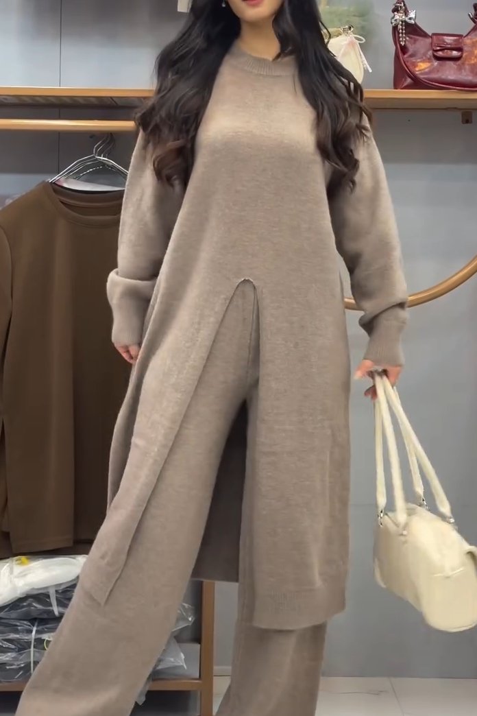 Women's casual solid color crewneck long slit set