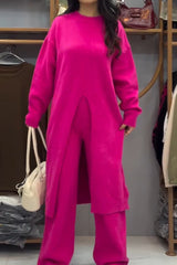Women's casual solid color crewneck long slit set