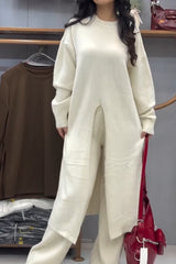 Women's casual solid color crewneck long slit set