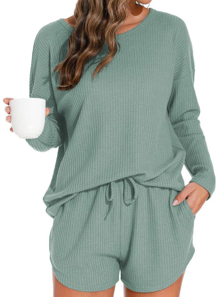 Waffle Knit Women's Pajamas Casual Set Wearable Loungewear LightGreen