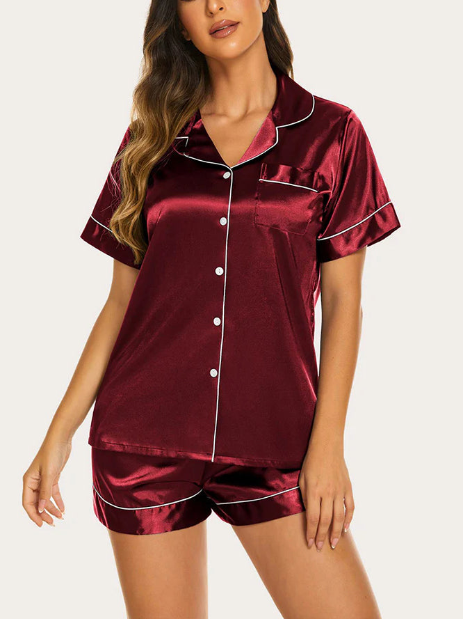 Threaded Solid Color Short Sleeve Shorts Casual Lapel Loungewear Set DarkRed